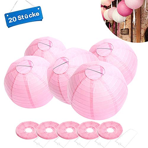 FullBerg 20 Stücke Papier Laterne Lampions Rosa rund Lampenschirm Hochtzeit Dekoration Papierlaterner Papierlampen für Party Garten 8
