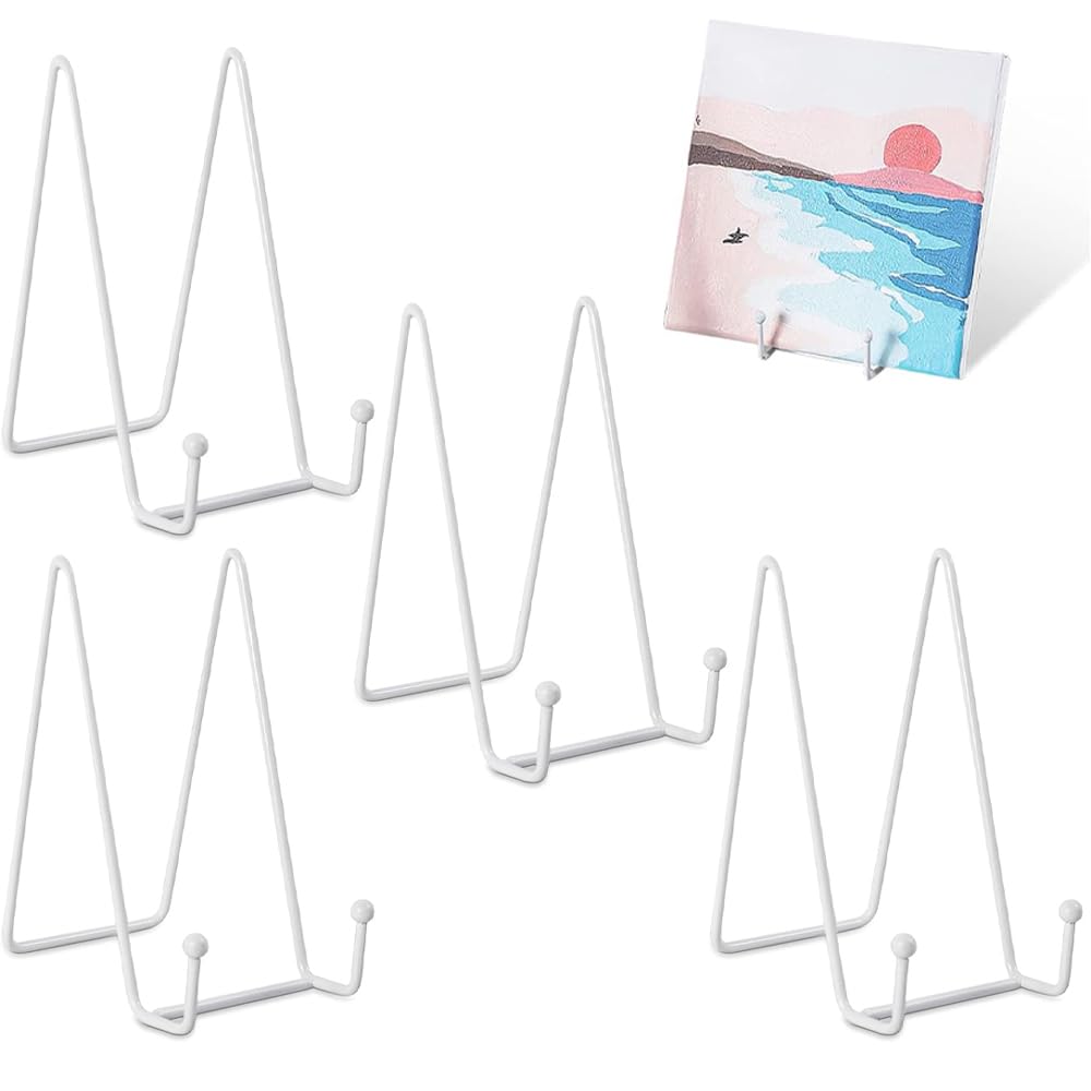 dogmoon Plate Stands for Display, 4PCS 6 Inch Metal Plate Stands, Photo Frame Holder, Tabletop Picture Stand, Metal Iron Easel Frame Holder for Photo Pictures Decorative Plate Dish(White)