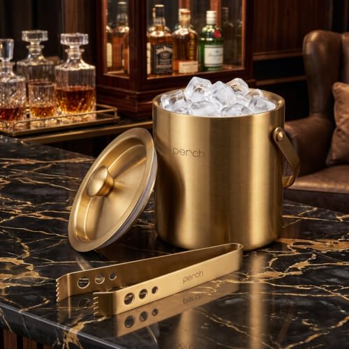 Image of O' Holic by Perch Stainless Steel Double Wall Ice Bucket & Tong - 1500ml | Insulated with Lid & Handle|Bartender Kit |Premium Barware Accessories for Home Bar, Parties, Cocktails & Gifting |Golden