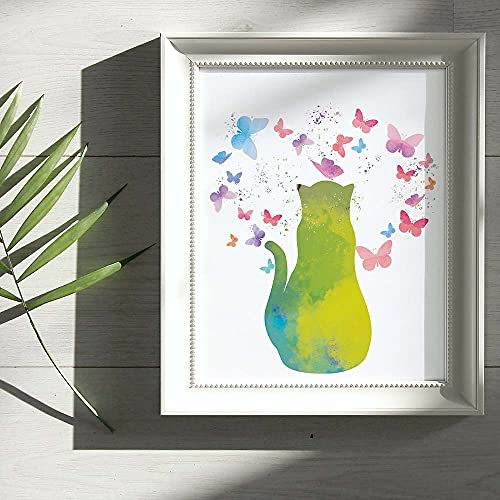 Iiiluyot Watercolor Cat With Colorful Butterfly Art Print, Set Of 4(8”X10”) Watercolor Animals Poster Painting For Home Decor, Cat Gift For Girl Daughter Granddaughter Niece Cat Lover, Unframed #TOP5