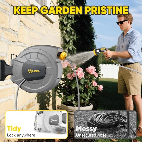Image of SILVEL 1 /2 in x 110 FT Retractable Garden Hose Reel, UV Resistant Heavy Duty Automatic Hose Reel Wall Mount with 10 Pattern Nozzle, Any Length Lock & Slow Return System, 180Swivel Bracket, Yellow