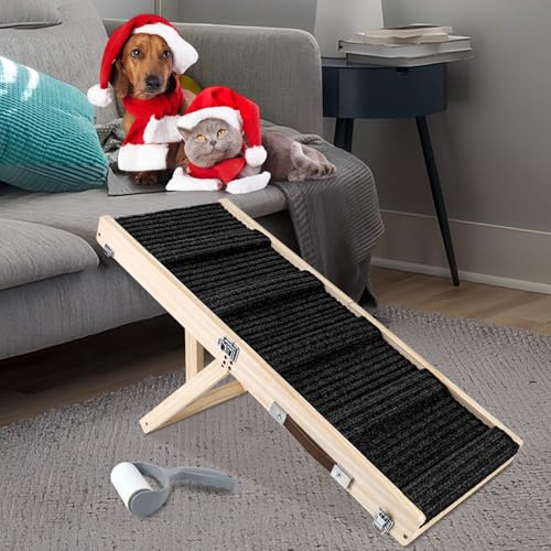 Umtiti Haustierrampe aus Holz, zusammenklappbar, tragbar, 4 Stufen, verstellbar, 22,9 cm bis 43,9 cm, mit Rutschfester 5 Pfoten-Traktionsmatte für kleine, mittelgroße Hunde.Dog Ramps-BK,DE