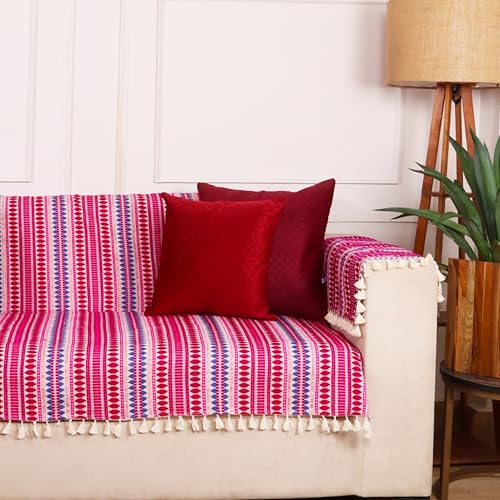 Image of STITCHNEST Woven 3 Seater Sofa Protector with 2 Hand Rest Covers - Purple & White Stripe Design - Washable Fabric with Tassels - Stylish Sofa Cover for Modern Living Room & Furniture Decor