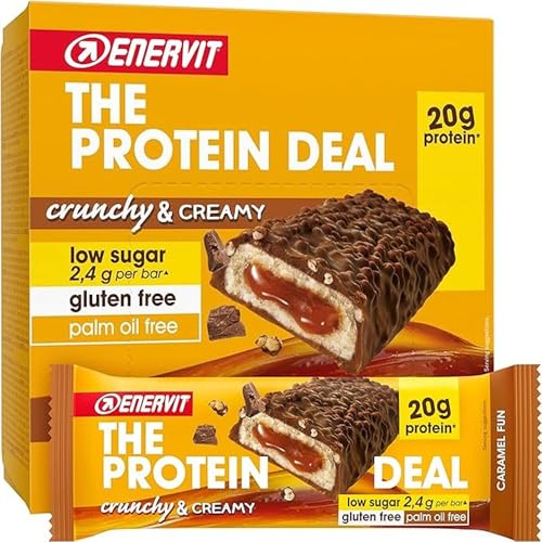 Enervit The Protein Deal Caramel Fun, Barritas Proteicas, Sabor Chocolate con Leche, Relleno Suave de Caramelo, Snack Delicioso, 20g de Proteínas, 2,4g de Azúcares, Sin Gluten, 12 Barritas de 55g