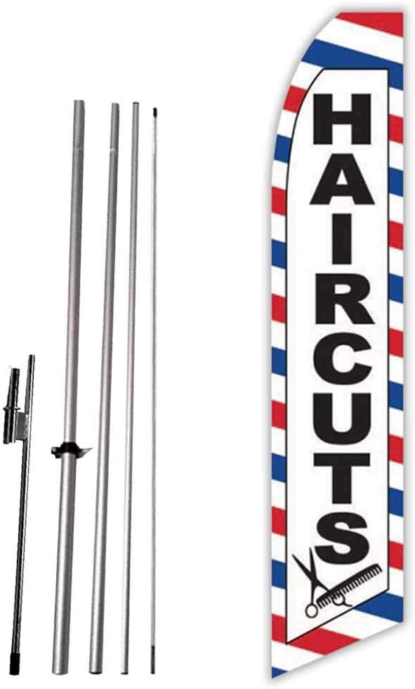 Haircuts (White) Super Novo Feather Flag - Complete with 15ft Pole Set and Ground Spike