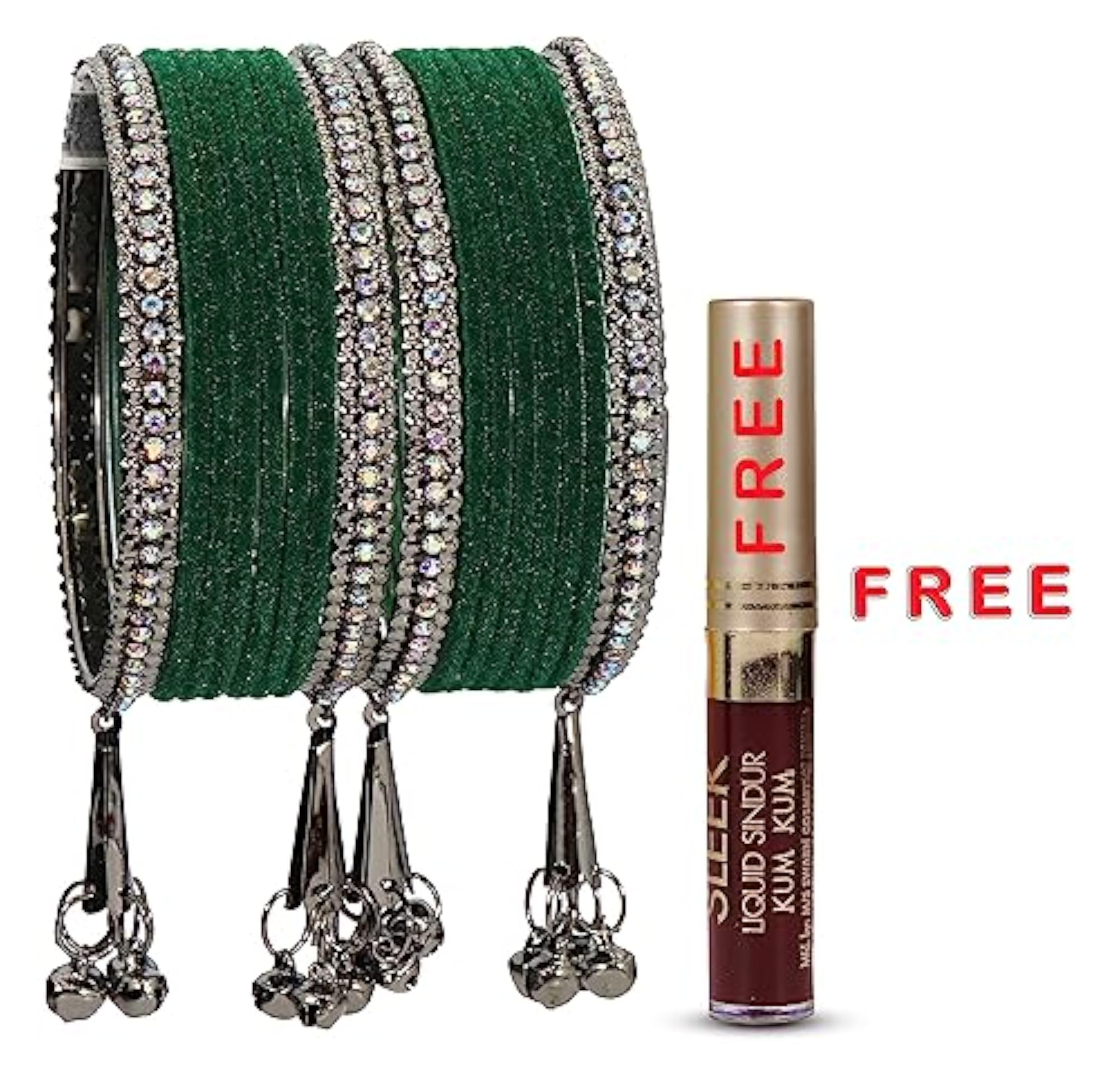 Zircon Gemstone Velvet Bells Bangles Set, F175_Grey