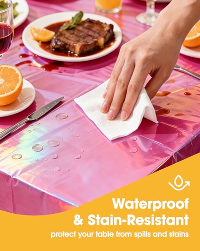 Image of Niuara Iridescent Pink Plastic Table Cloth - 4 Pack 54 inch x 108 inch Rectangle Disposable Tablecloths for 6FT Tables, Table Cover for Party, Holiday & Gathering Use