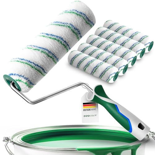 Farbwalzen Set 5 Stück mit Bügel 25 cm Farbroller mit 12 mm Flor | 3K Griff & Stilaufnahme | Malerrollen für Wandfarbe | Profi-Malerwerkzeug für Innen- und Außenbereich