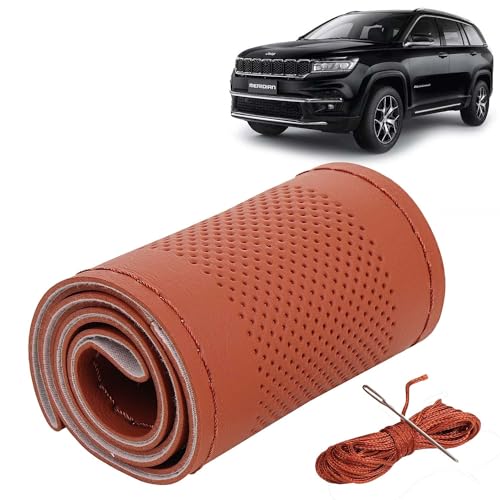 Image of KINGSWAY PU Leatherite Car Steering Cover Sewable Compatible with Jeep Meridian (Year 2022 Onwards), Tan Color with Tan Thread, Pack of 1 with Sewing Needle and Thread