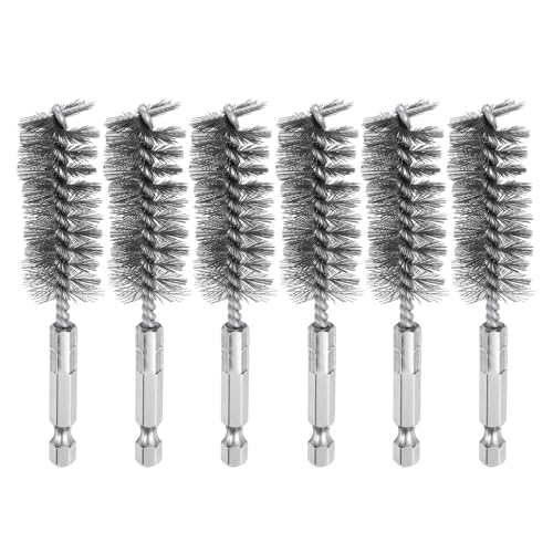 sourcing map 6Pcs 304 Stainless Steel Bore Brush 20mm Dia 4" Long Cleaning Twisted Wire Brush with Handle 1/4" Hex Shank for Tubes, Ports, Bearings