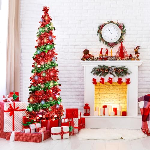 5FT-Christmas-Tree-with-90-LED-Lights-Collapsible-Sequin-Pop-Up-Xmas-Tree-with-Stand-for-Home-Great-Fall-Decoraitons-Red-Green 5FT Christmas Tree with 90 LED Lights Collapsible Sequin Pop Up Xmas Tree with Stand for Home Great Fall Decoraitons Red Green
