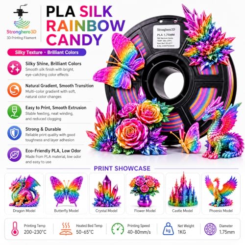 Image of Silk PLA 3D Printer Filament 1.75mm,Candy Silk Rainbow,Multi Color 3D Printing Filament,Color Change Filament for Most 3D Printer,Net Weight 1kg(2.2lbs) Accuracy + /-0.05mm
