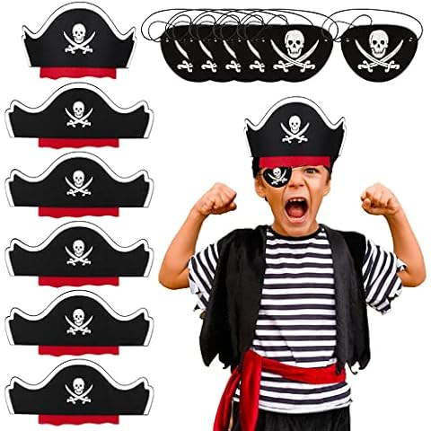 COLOFALLA 12 Stück Piraten Zubehör Set 6 pcs Piratenhut Kinder 6 pcs Augenklappe Pirat Filz Augenmaske Schädel Piraten Hut Accessoires für Kindergeburtstag Halloween Maskerade Piratenparty Cover