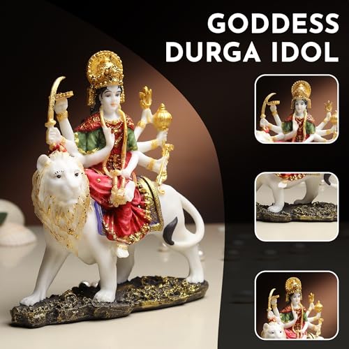 Image of ARMONIA Goddess Durga Dust Marble Finish Figurine with Lion | Hindu Sherawali MATA Murti | Durga Maa Idol for Pooja Mandir & Puja Room | Traditional Hindu Statue for Home Decor & Gifting | H- 25 cm