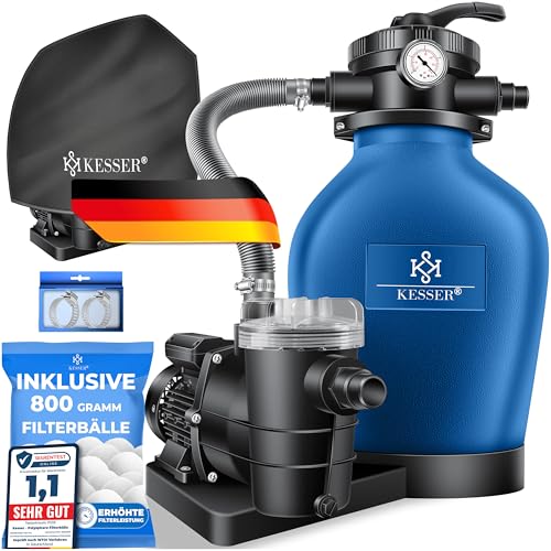 KESSER® Sandfilteranlage Sandfilter + 700g Filterbälle ersetzen 25kg Filtersand 7-Wege Ventil mit Druckanzeige Poolfilter 10 m³/h Filteranlage Filterkessel für Pool 10.200 L/h, Inkl. Wettercover, Blau