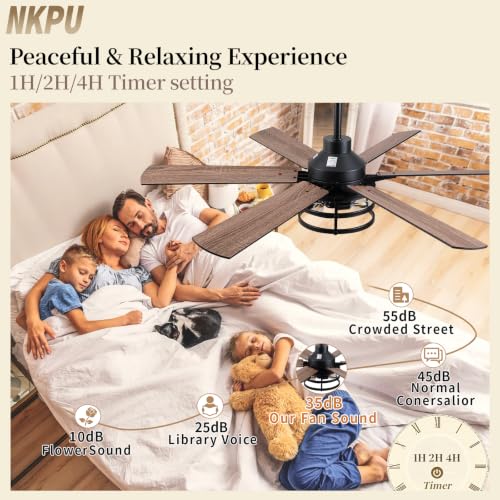 Image of NKPU 52 Inch Farmhouse Ceiling Fan with Light and Remote, Brown Industrial Caged Rustic Ceiling Fan with 6 Speed