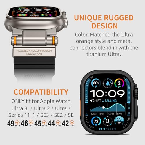 Image of FOAMUNOC Rugged Band Compatible with Apple Watch Ultra 3 /2 /1 Band 49mm /46mm /45mm /44mm /42mm, Metal Connector with Strap for iWatch Ultra Series 11 /10 /9 /8 /7 /6 /SE3 /SE2 /SE /5 /4 /3 /2 /1, Black /Titanium