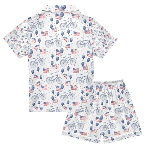 senya Bicycle Balloon Flag Satin Summer Pajama Sets Silk Short Sleeve Button Down Sleepwear2