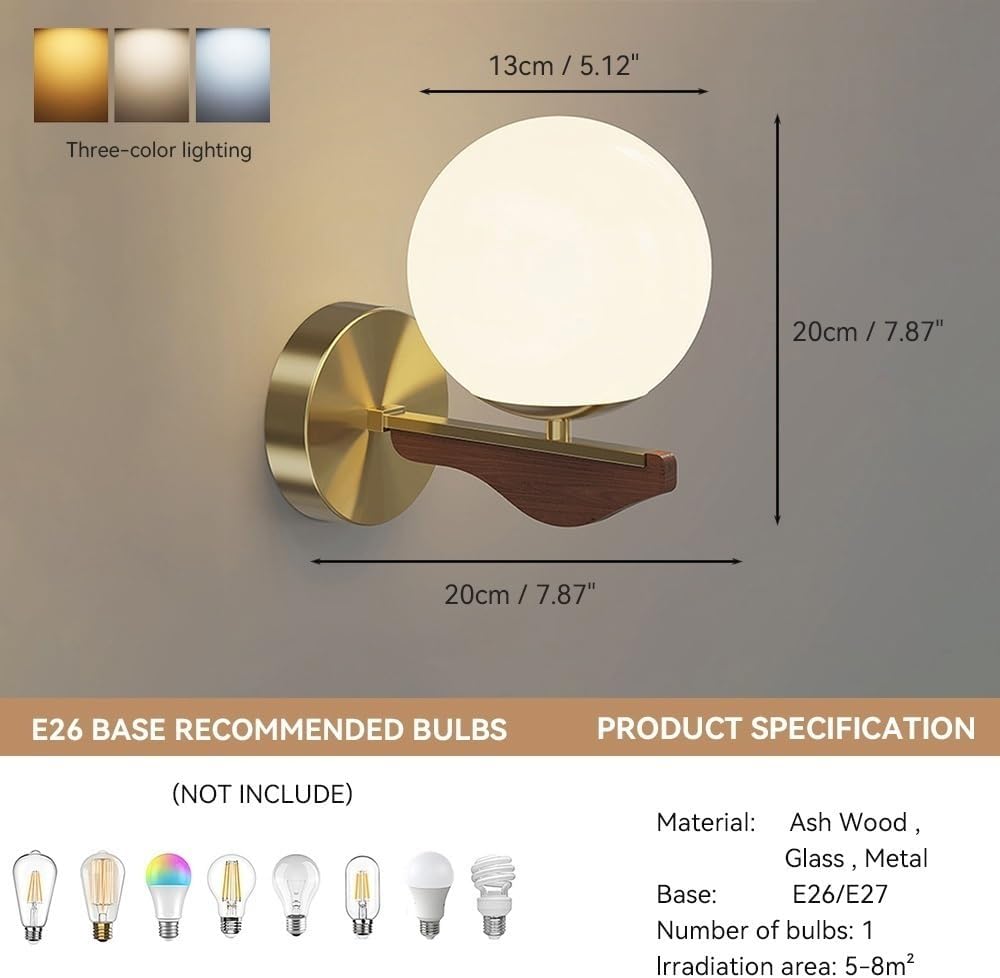 Modern Nordic Japandi Solid Wood Wall Sconce, Spherical Glass Shade Wall Light,Minimalist Aesthetic Ambient Wall Lamp for Bedroom, Bedside, Living Room, Hallway, Study Parlor(Brown)