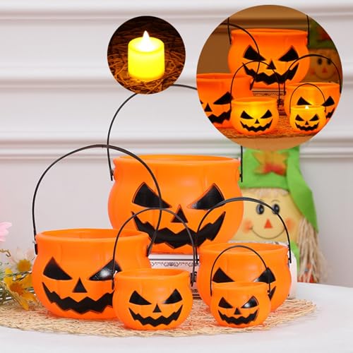 Plastic Pumpkin Bucket, 5 Pieces Firm Reusable Wide Opening Halloween Theme Candy Jars with Handle,Multiple Purposes Lightweight Large Caliber Pumpkin Bucket for Party Desktop Decoration Storage - image 3
