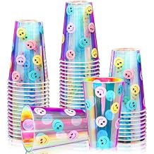 Yungyan 50 Pcs Iridescent Smile Face Plastic Cups 16 oz Rainbow Disposable Cups for Bachelorette Birthday Wedding Mermaid Party Beverage Drinkware Supplies