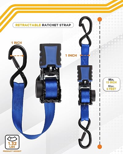 Image of Strapinno 4 Pack Auto Retractable Ratchet Straps Bundle -1 in x 6 ft, 1500 LBS Break Strength Each, Heavy Duty Tie Down Straps for Cargo Securing, Weather Resistant Safety S-Hooks, Blue Strap