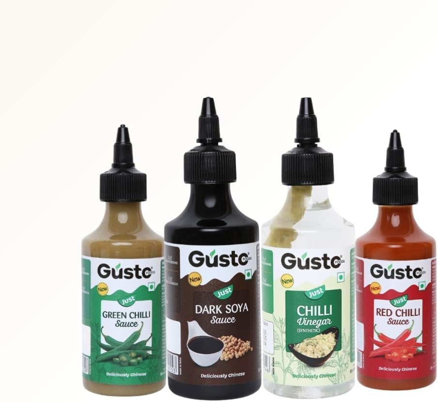 - Gusto Foods Chinese Sauces Combo | Red Chilli Sauce 200gm + Green Chilli 190gm + Soya Sauce 210gm + Chilli Vinegar 170ml | Asian Sauces Combo | Ideal for Fried Rice, Noodles, Paneer & Vegetables | Ready to use
