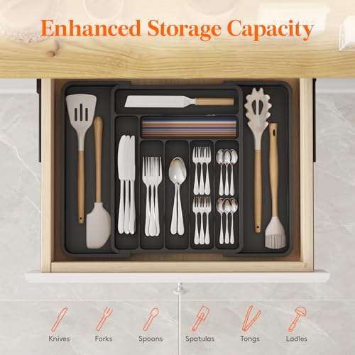 Image of Lifewit Expandable Silverware Drawer Organizer, Kitchen Utensil Tray | BPA-free Plastic Flatware Cutlery Holder, Space-Saving Storage for Spoons Forks Knives, 11.8-19.6 x 15 inch, Black