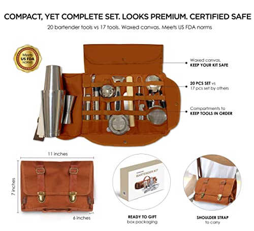 Bartender Bag Travel Bartender Kit Professional Bartender Tool Bag Portable Cocktail Leather Case With 20 Bar Tools Set Similar To Briefcase For Bartending At Bars House Party Traveling Camps #TOP1
