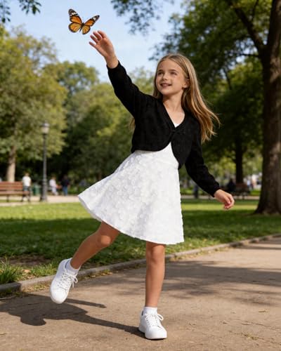 Image of Girls Cardigan, Girls Bolero Shrug Sweater, Kids Knit Hollow Out Long Sleeve, Button Cover Up Cropped Tops