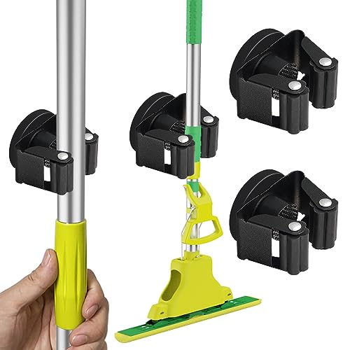 ULIBERMAGNET Magnetic Mop Broom Holder Heavy Duty Movable Magnetic Broom Holder Rack Anti-slip Wall Mounted Utility Storage Mop Shovel Gripper Hanger for Garage Kitchen Laundry Garden(2 Pack/Black)