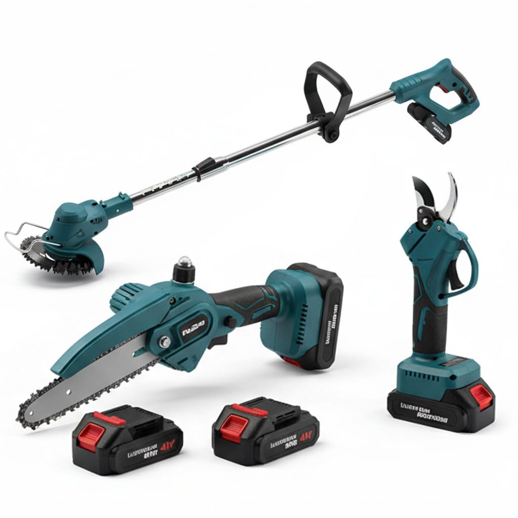 Kit Giardinaggio 3 in 1 a Batteria 48V – Forbici Elettriche Potatura, Mini Motosega 6”, Decespugliatore Tagliabordi – 2 Batterie Incluse, Leggero e Potente per Giardino, Ulivi, Vigneto