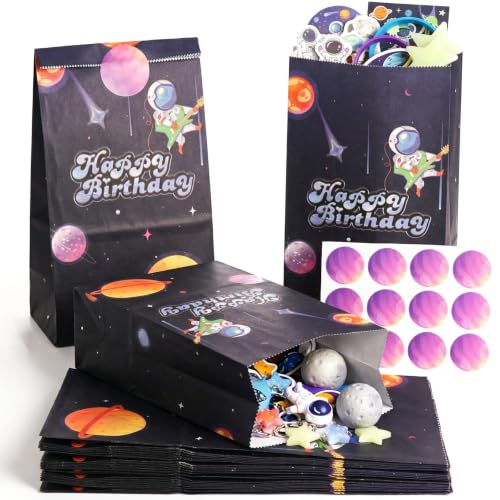 VGOODALL 24 Pack Small Outer Space Party Favor Bags with Stickers - 8.7x4.7x3.1 Astronaut Galaxy Solar System Planet Goodie Bags for Kids Birthday Space Theme Party & Gift Packaging