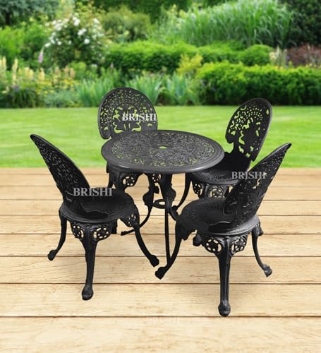 Image of BRISHI Cast Aluminium Garden Patio Seating Chair and Table Set for Balcony Outdoor Furniture with 1 Table and 4 Chair Set (Black)