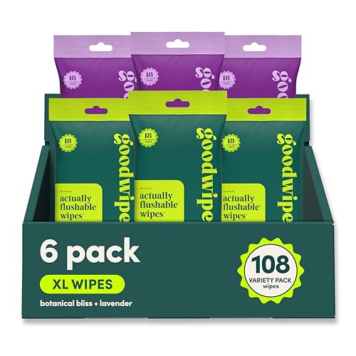 Image of goodwipes Flushable Wipes Travel Size - Extra Large Adult Wet Wipe - On-the-Go Portable Wipes - Sewer & Septic Safe - Hygiene Essentials - Botanical Bliss & Lavender, 108 Count (6 Packs)