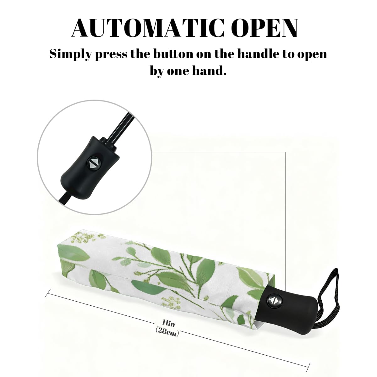 Ombrello pieghevole con foglie verdi ad acquerello ombrello da viaggio compatto antivento impermeabile con protezione UV rivestimento nero leggero 8 coste portatile per pioggia sole