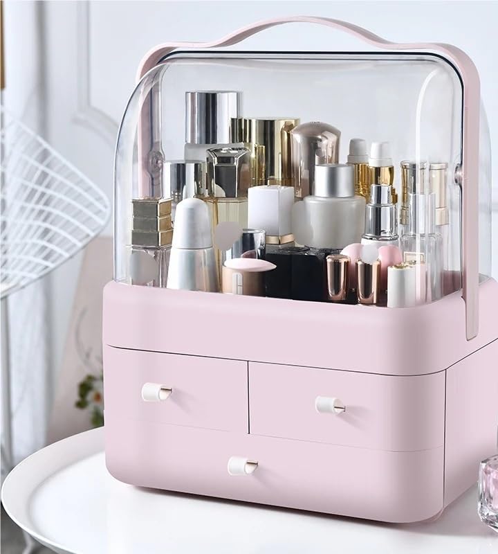Organizador De Maquillaje 1 Caja de recepción cosméticos, Organizador Maquillaje Escritorio a Prueba Polvo con cajón for el hogar, Almacenamiento Estante(Pink)