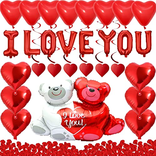 I Love You Red Balloons And Heart Balloons Kit With 1000Pcs Dark-Red Silk Rose Petals Romantic Flower Decoration Love-Bear Red Heart Balloons For For Valentine's Day Wedding Birthday Party Decorations #TOP11
