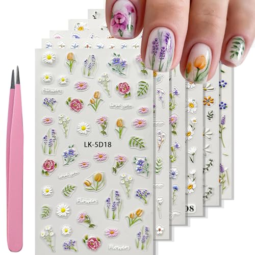 YOSOMMK Flower Nail Stickers for Nail Art 5D Embossed Nails Decals Self Adhesive Spring Summer Floral Nails Decoration for Women 3D Design Colorful Flower Daisy Lavender Supplies