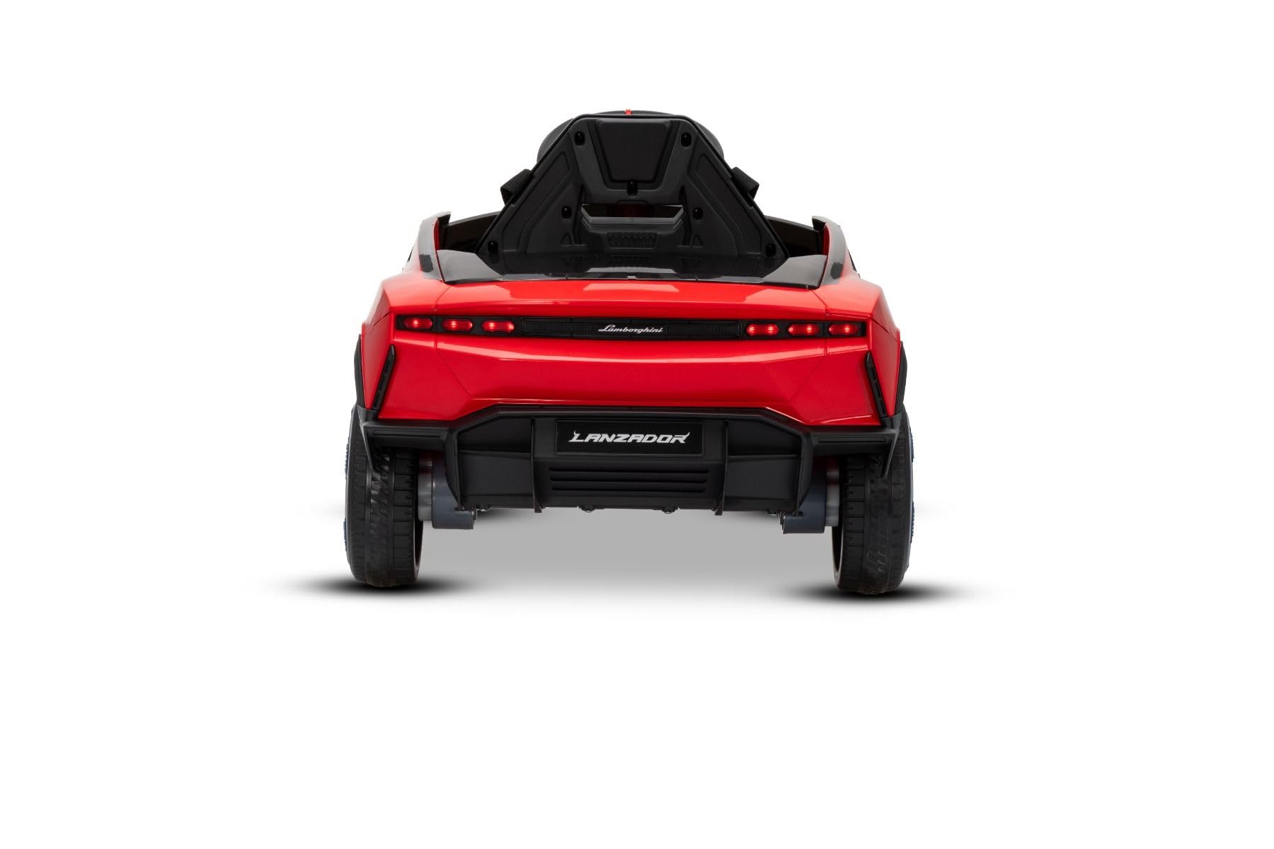 Lamborghini Lanzador elektryczny Ride-on Auto 12 V z napędem na tylne koła, licencjonowany (jednoosobowy), czerwony, bateria litowa, oświetlenie LED, szerokie siedzisko, pilot zdalnego sterowania 2,4
