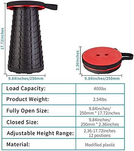 Fishboy Upgraded Collapsible Stool, 400lbs Max Weight, Lightweight But Sturdy, Portable Retractable Folding Telescoping Foldable Camping Stool for Adults Outdoor Fishing Hiking BBQ 1 Red