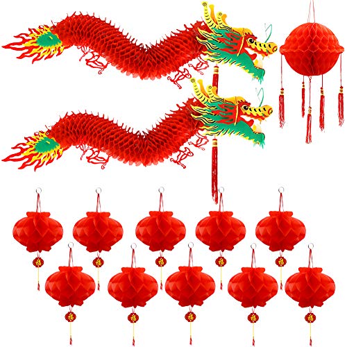 Chinese New Year Dragon, Angela&Alex 12 Pieces Chinese 3D Paper Dragon with Dragon Ball and Red Lanterns for Chinese Spring Festival Home Party Decorations