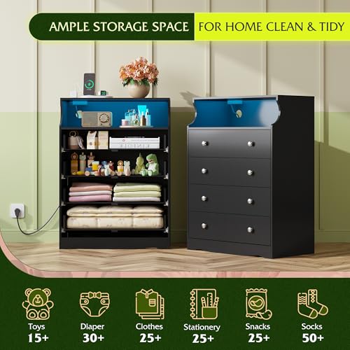 WLIVE Black LED Dresser for Bedroom, Tall Wood Dresser with 4 Drawers and Open Shelf, Chest of Drawers with Charging Station and LED Lights for Living Room, Hallway, Closet