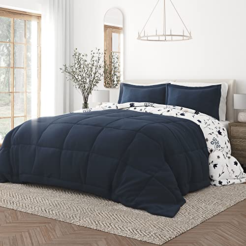 Merit Linens Down Alternative Reversible Navy Floral Queen Comforter Set | Extra Soft, All Season | Machine Washable & Double-Brushed Breathable 3 Piece Comforter Set Comforter + 2 Pillow Included #TOP1