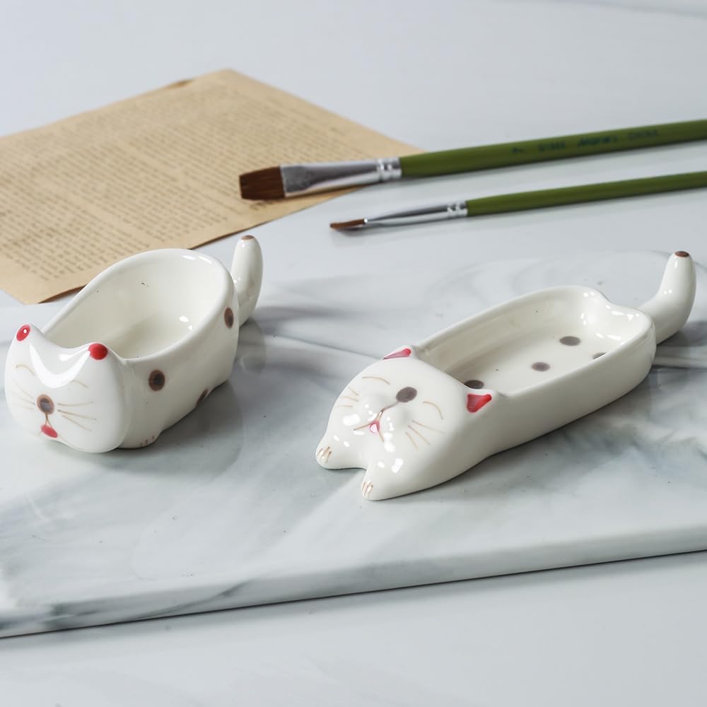 Cute Cat Ceramic Paint Palettes for Watercolor Gouache Painting, Porcelain Paint Mixing Tray Saucer
