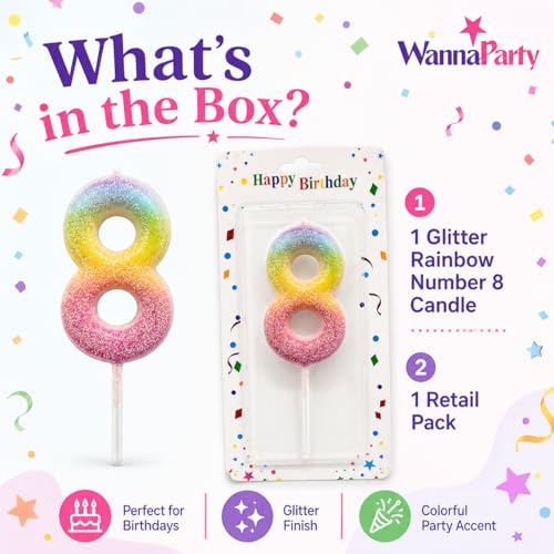 Image of Wanna Party Glitter Colorful 8th Birthday Candle, Birthday Number 8 Cake Candle Cake Toppers for Girl Women, Glitter Colorful Themed Party Decorations Supplies Birthday Gifts