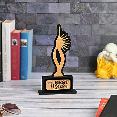 Image of GKD Gift for Sister Awards and Trophy Worlds Best Sister Beautiful Momento Rakhi Gift Black and Bamboo Design with Wooden Cutwork Rakshabandhan Gift for Sister Birthday (Size 10x6)