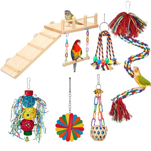 Image of 6 Pcs Parakeet Cockatiel Bird Toys, Parrot Swing Chewing Hanging Toys, Colorful Style Parrots Cage Accessories, Interactive Chew & Climb Play Set (Interactive Style)