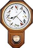 JUSTIME Unique 12 Northern Cardinal Bird's Song Schoolhouse Pendulum Wall Clock Chimes Every Hour Melody Sweep Silent Movement (TCBD-PP-RB-LW Light Wood Grain)
