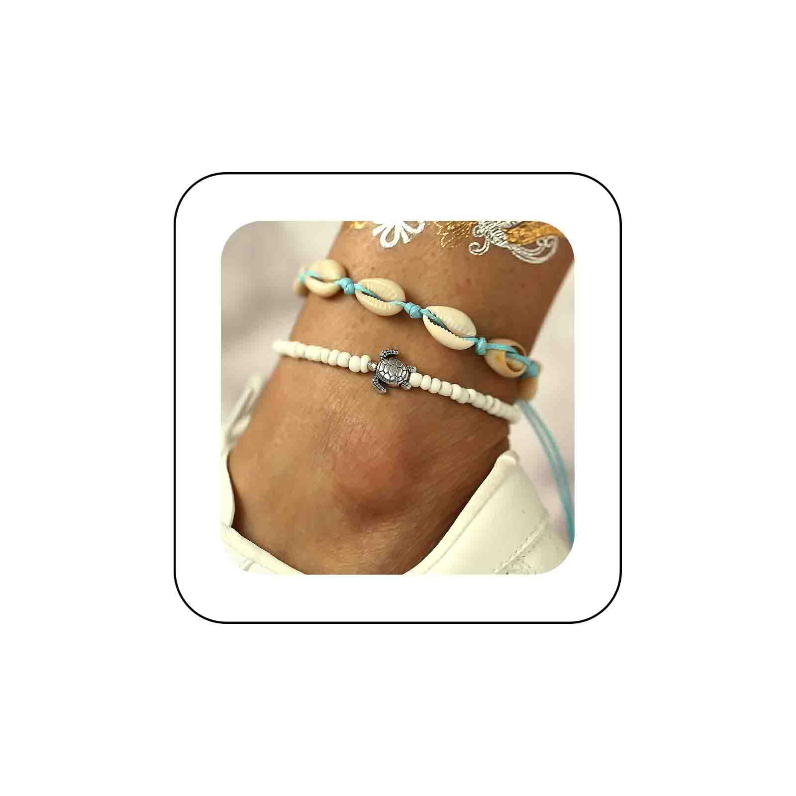 Dervivea Boho Playa Concha Surfista Tobillera Pulsera Estrella De Mar Con Cuentas Tobillera Cadena Ajustable Azul Con Cuentas Tobilleras Cuerda Puka Concha De Mar Tobillera Elástica Con Cuentas 2pcs
